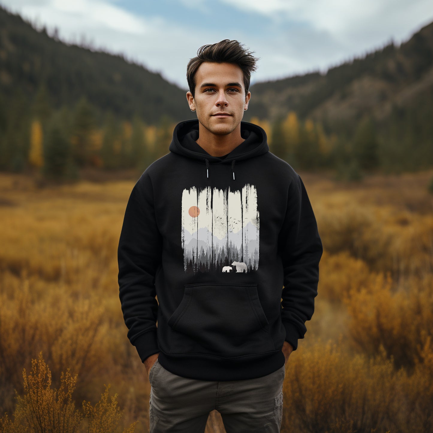 Herren Hoodie Bär im Wald