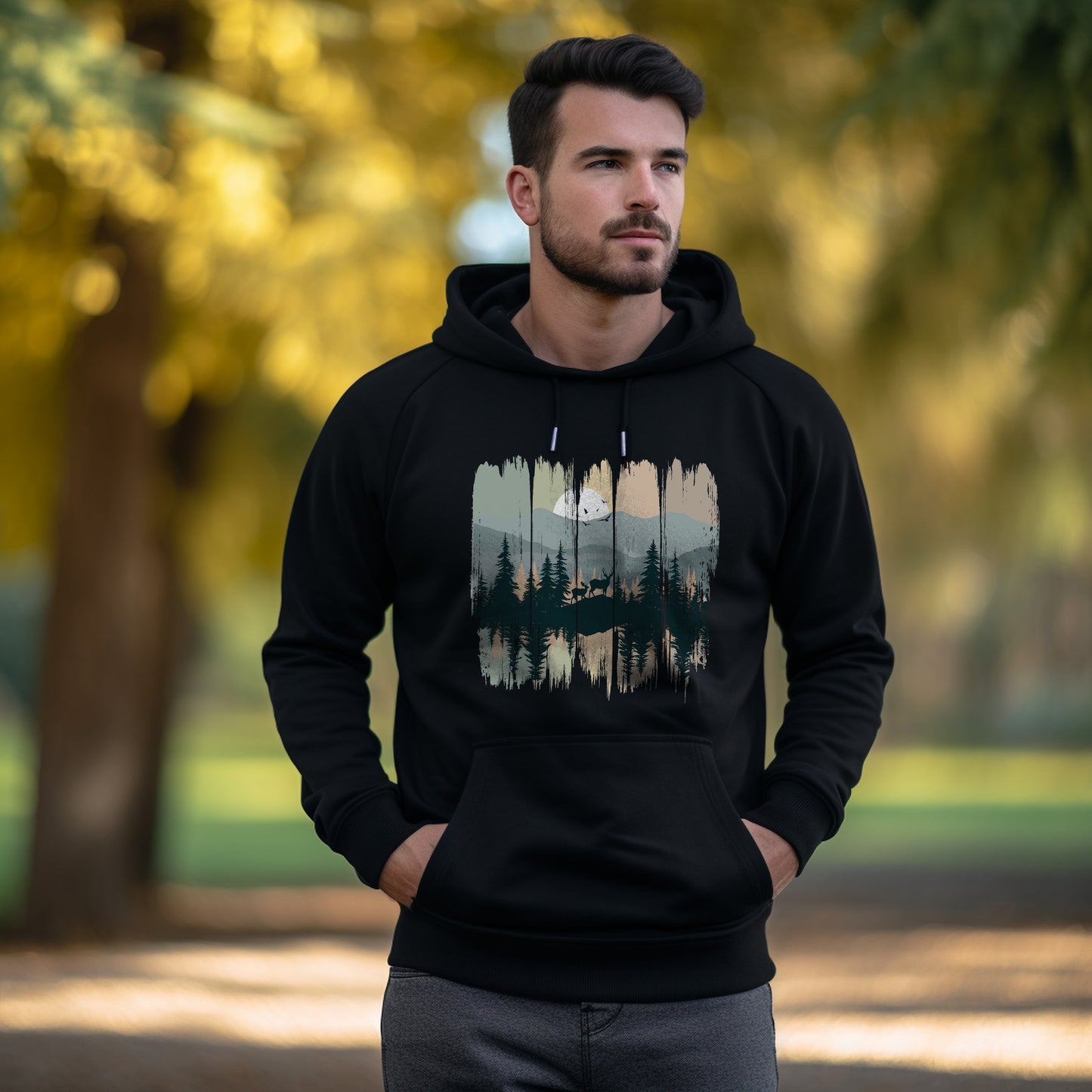 Herren Hoodie mit Print "Hirsch im Wald"