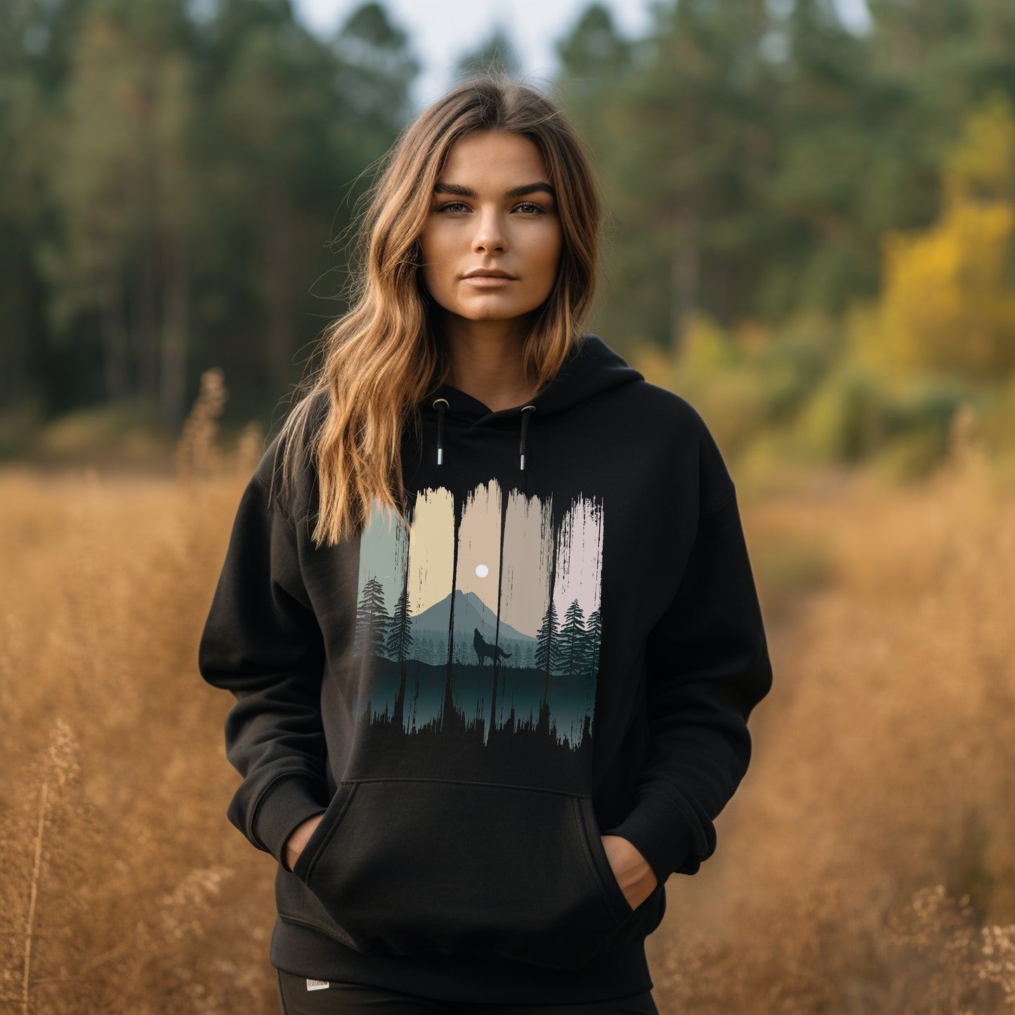 Damen Hoodie mit Print "Wolf im Wald"