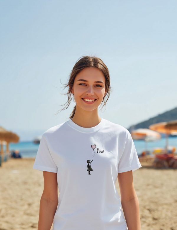 Damen T-Shirt Mädchen mit Herzballon