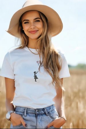 Damen T-Shirt aus schwarzer Bio-Baumwolle mit weißer Silhouette eines Mädchens und rotem Herzballon im Street-Art-Stil
