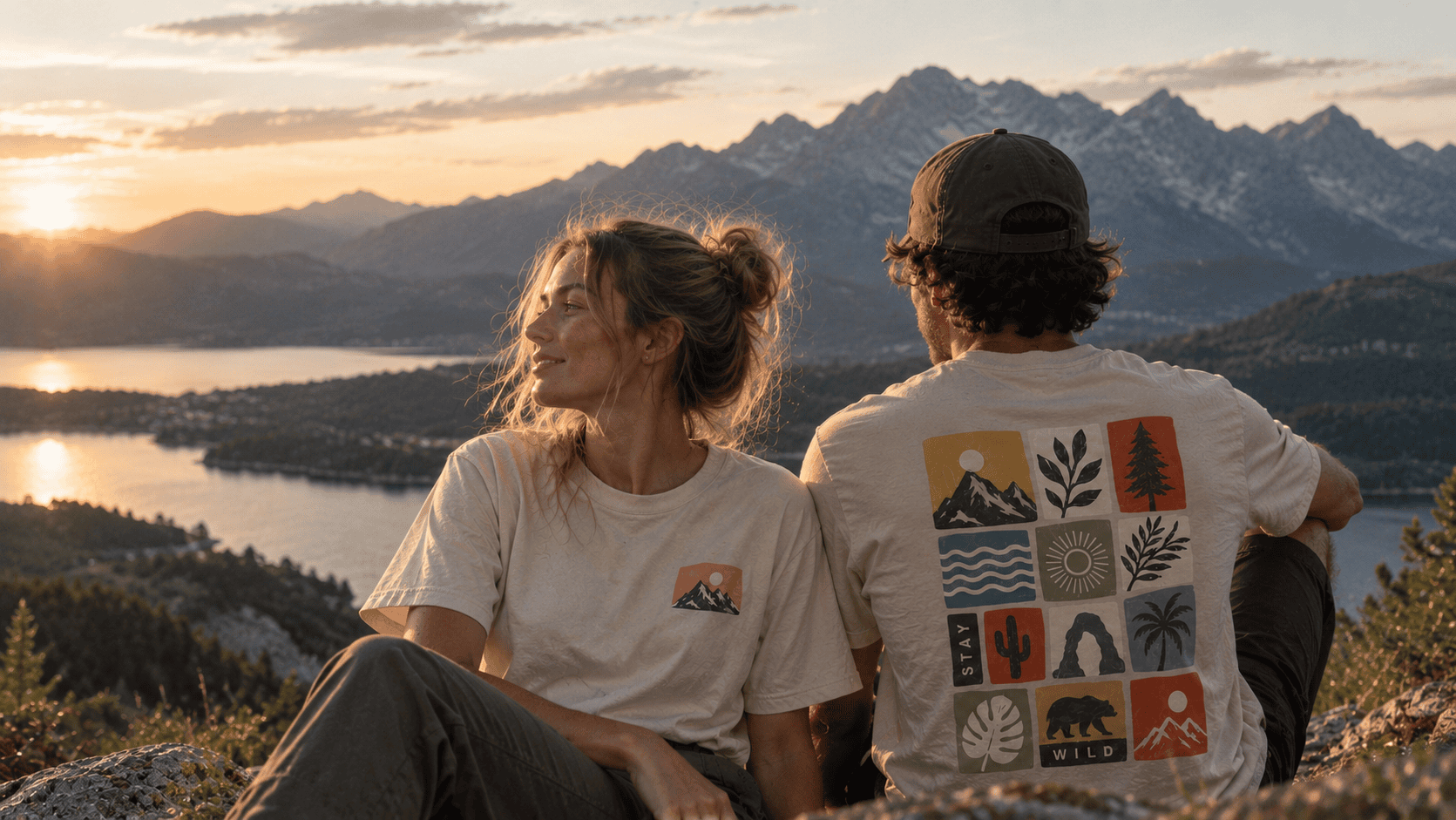 Menschen in smyg T-Shirts bei Sonnenuntergang in den Bergen